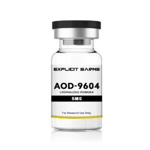 AOD-9604 Lyophilized Powder 5mg bottle, research chemical for adult performance enhancement and research purposes.