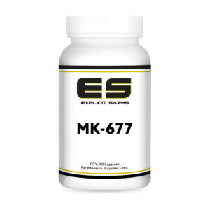 High-quality white bottle labeled "ES Explicit SARMS MK-677" with 90 capsules, designed for research purposes.