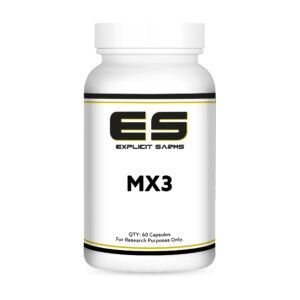 Sarms supplement bottle labeled ES Explicit Sarms MX3 with 60 capsules for research purposes only.