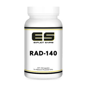 High-quality supplement bottle labeled "RAD-140" from Explicit Sarms, designed for research purposes, featuring a sleek white container with black and yellow accents.