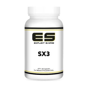 High-quality dietary supplement bottle labeled "Explicit SARMs SX3" containing 60 capsules for research purposes, designed for advanced performance and muscle enhancement.