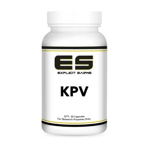 Research-use container labeled "KPV" from Explicit Sarms with 30 capsules, designed for scientific research purposes only at the laboratory.